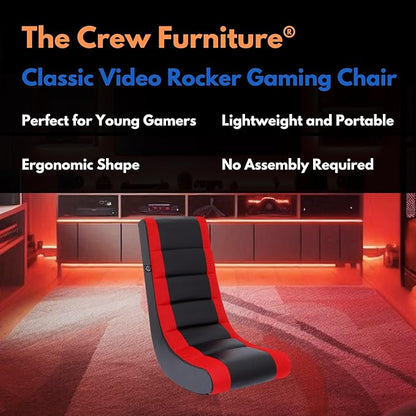The Crew Furniture Classic Video Rocker Floor Gaming Chair, Kids and Teens, Racing Stripe PU Faux Leather & Polyester Mesh, Black/Red