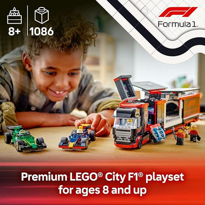 LEGO City F1 Truck with RB20 & AMR24 F1 Car Toys - Model Car Building Toy Set for Kids, Boys and Girls, Ages 8+ - F1 Collectible for Fans - Gift Idea for Birthdays - 60445