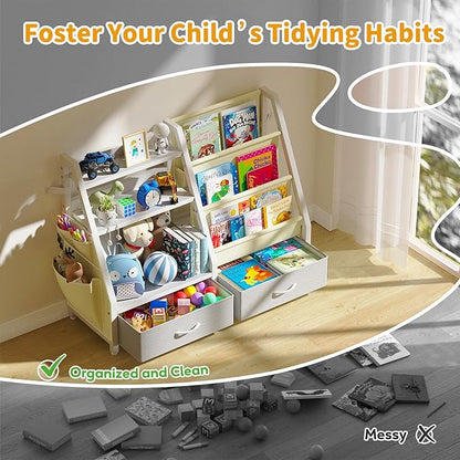 Twinkoo Kids Bookshelf and Toy Organizer, Sturdy 3 Tier Kid Bookcase, Sling Bookshelf and 2 Toy Bins, Toddler Montessori Book Shelf with Toy Storage Organizer for Children Room, Playroom, Nursery