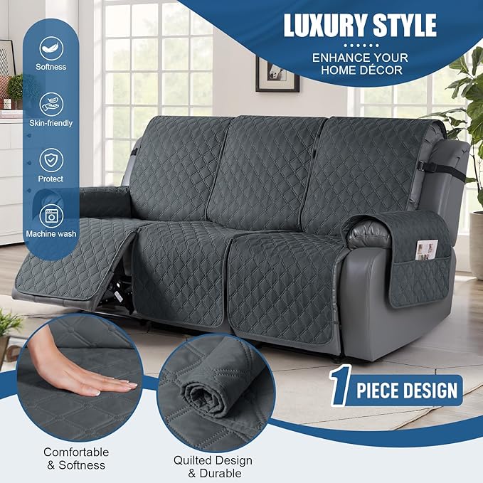 TAOCOCO 100% Waterproof Recliner Covers, Recliner Sofa Covers with Leg Straps, Reversible Recliner Couch Cover for Reclining Chair, Washable Couch Protector for Pets Kids(3 Seater, Dark Gray)