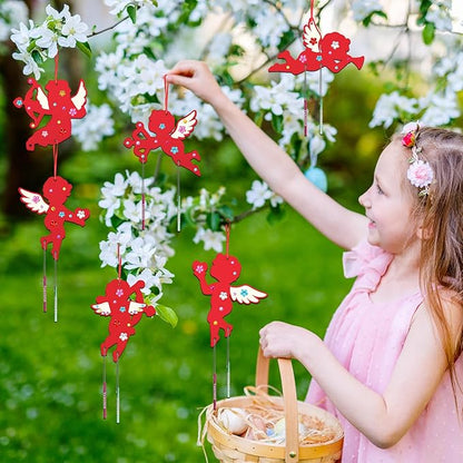 Fennoral 12 Pack Valentine's Day Wind Chime Kit for Kids Make You Own Valentines Day Hanging Wind Chimes DIY Coloring Wooden Ornaments for Kids Art and Craft Valentine's Day Gifts Party Decoration