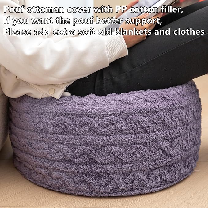 Pouf Ottoman Stuffed 20x20x12 Inches Floor Pouf Plush Fiber Ottoman Foot Rest Under Desk Foot Stool for Living Room Bedroom (Purple Pouf with Filler)
