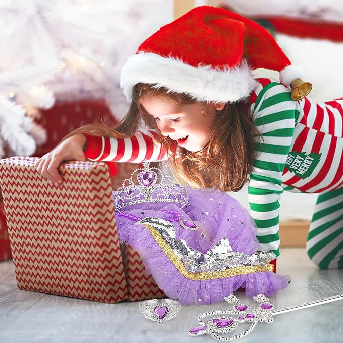 Fedio Princess Cape Set 7 Pieces Girls Princess Cloak with Tiara Crown, Wand for Little Girls Dress up (Purple)