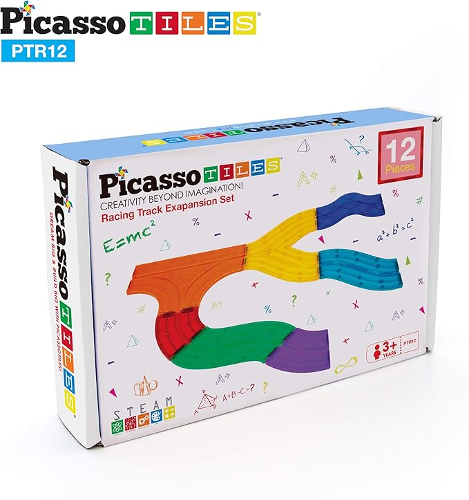 PicassoTiles 12 Piece Race Track Add-On Magnetic Building Block Set Magnet Tiles Construction Toy STEM Learning Kit Early Education Kids Toys Playset Pretend Play Blocks Child Brain Development PTR12