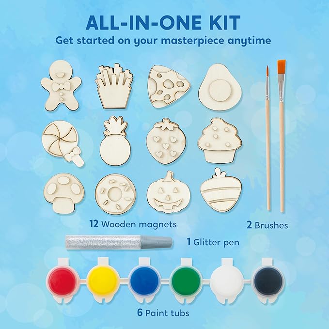 JOYIN 12 pcs Wooden Magnets, Painting Craft for Boys and Girls, Spring and Rainy Day Activities Kit, Craft Toys Gifts for Kids Birthday Easter