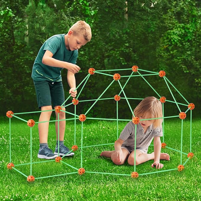 VEVOR Fort Building Kit for Kids, 140PCS Glow in The Dark STEM Building Toys, Educational Gift for 4 5 6 7 8+ Year Old Boys & Girls Indoor Outdoor Play Tent Construction Toys with 96 Rods and 44 Balls