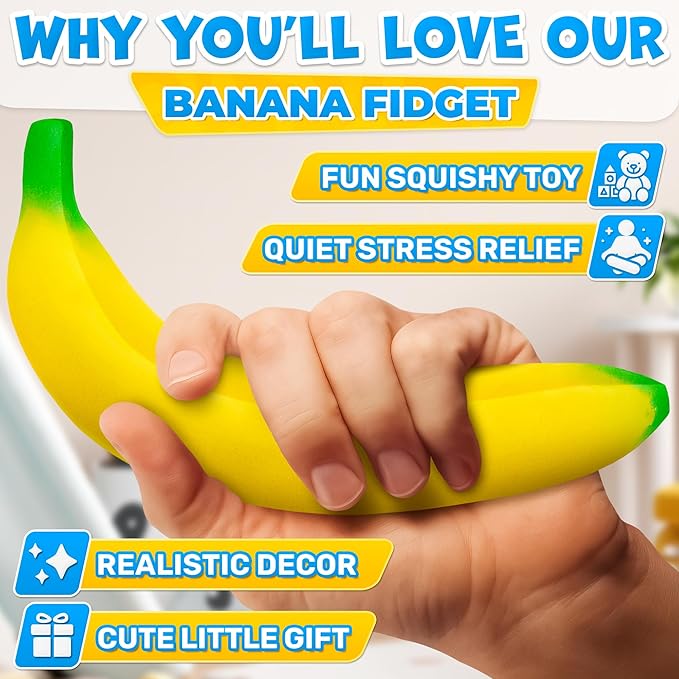 Tesorrio Fake Banana Stress Relief Fidget – 6.7 x 1.4 in Soft PU Foam Desk Accessory | Lightweight Squeeze Fidget for Adults | Novelty Office Decor & Relaxation Tool