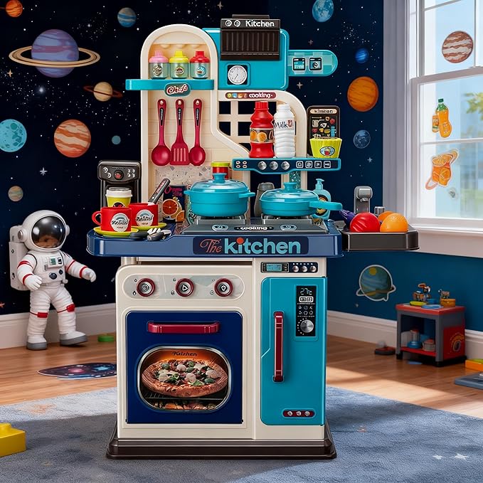 Kids Kitchen Playset-53pcs Cooking Stove,Paly Sink,Oven,Kitchen Toys with Realistic Lights&Sounds，Pretend Play Toys,Kitchen Toys for Toddler 1 2 3(Blue)
