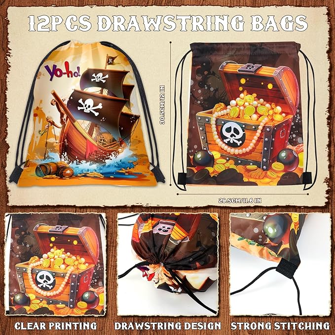 12 Sets Pirate Party Favors Birthday Supplies for Boy Kid, Drawstring Bag Silicone Bracelet Tattoo Sticker Keychain Pirate Pinata Filler Goodie Bag Stuffers Pirate Birthday Favors Party Supplies