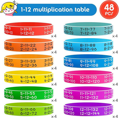 48 Pieces Learn Maths Rubber Bracelets Multiplication Facts Bracelet Stuff Fancy Silicone Bracelets for Events Education Aid Reward Bracelets for Students,12 Colors