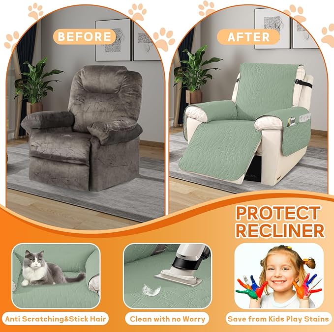 XINEAGE 100% Waterproof Recliner Chair Covers with Elastic Straps, Nonslip Reclining Couch Covers Washable Recliner Couch Cover with Pockets Furniture Protector for Pets Dogs (Mint Green, 23")