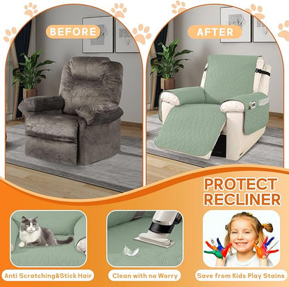 XINEAGE 100% Waterproof Recliner Chair Covers with Elastic Straps, Nonslip Reclining Couch Covers Washable Recliner Couch Cover with Pockets Furniture Protector for Pets Dogs (Mint Green, 23")