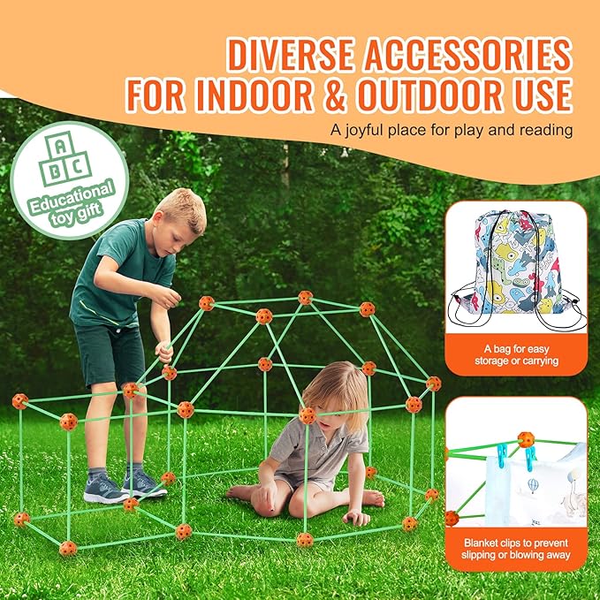 VEVOR Fort Building Kit for Kids, 140PCS Glow in The Dark STEM Building Toys, Educational Gift for 4 5 6 7 8+ Year Old Boys & Girls Indoor Outdoor Play Tent Construction Toys with 96 Rods and 44 Balls
