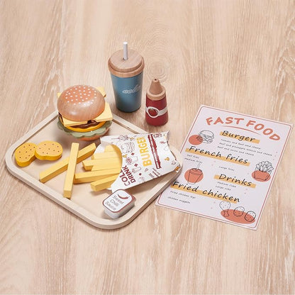 25pcs Wooden Fast Food Set Play Kitchen Accessories, Toddler Pretend Play Toy Food Hamburger Stacking Toy Playset with Fries, Kids Play Food Toy Kitchen Set Boys and Girls Birthday Gift