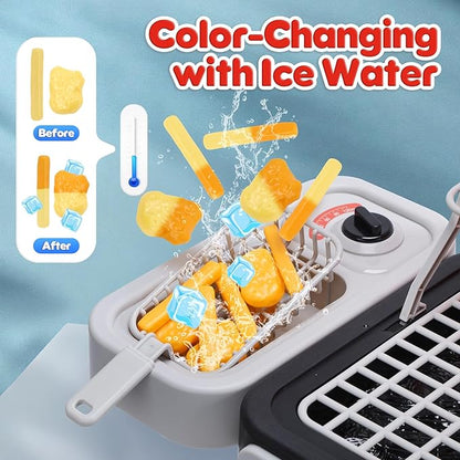 CUTE STONE Kids BBQ Grill Toys, Color Changing Play Food, Sizzling Sound & Light Effects, Cool Mist Spray, Pretend Cooking with Frying & Grilling, 2-Tier BBQ on Wheels - Kitchen Toy, Birthday Gift