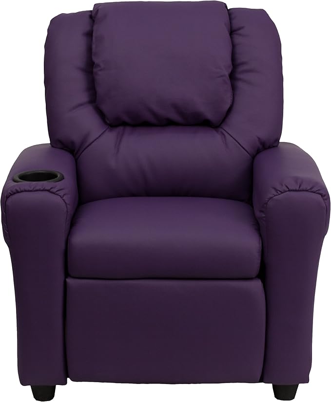 Flash Furniture Vana Vinyl Kids Recliner with Cup Holder, Headrest, and Safety Recline, Contemporary Reclining Chair for Kids, Supports up to 90 lbs., Purple
