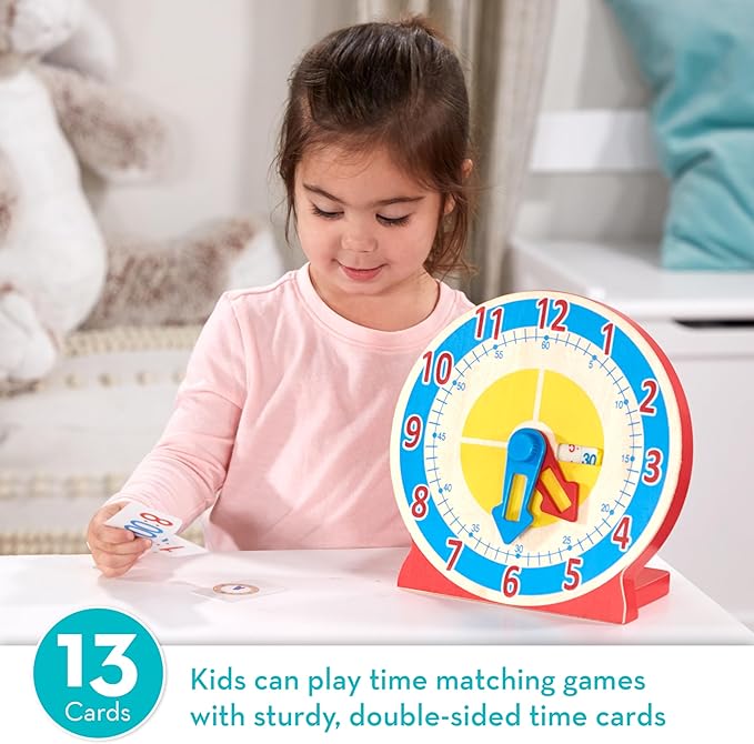Melissa & Doug Turn & Tell Wooden Clock - Educational Toy With 12+ Reversible Time Cards , Red