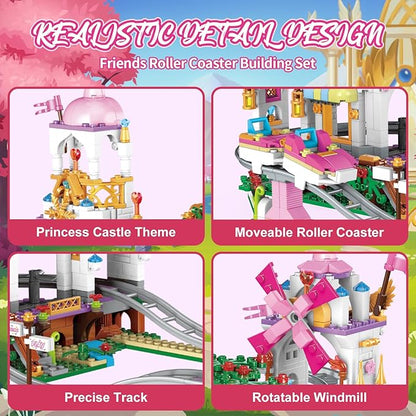711 Piece Friends Roller Coaster Building Set,Girls Creative Amusement Park Building Kit,STEM Princess Castle | Pink Playground Park Model Building Toy,Christmas Birthday Gift for Girls Age 6+
