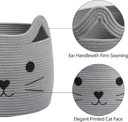Large Woven Cotton Rope Storage Basket, Baby Laundry Basket Organizer for Towels, Blanket, Toys, Clothes, Gifts | Pet Gift Baskets for Cat, Dog - 15.7" L×11.8" H, Gray