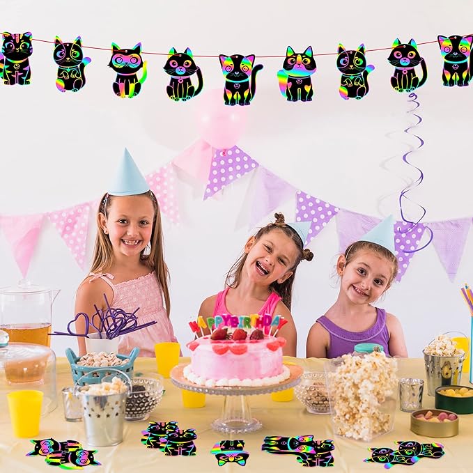 CY2SIDE 60PCS Cat Animal Scratch Bookmarks for Kids, DIY Cat Rainbow Color Paper Cards Craft Kit Birthday Decorations, Catling Pet Magic Art Project Party Favors for School Classroom Activities