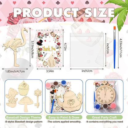 Saypacck 24 Pcs Wonderland Party Favors Wooden Painting Craft Kits Birthday Party Supplies with Organza Bag for Goodie Bags Fillers Adult Thank You Gifts