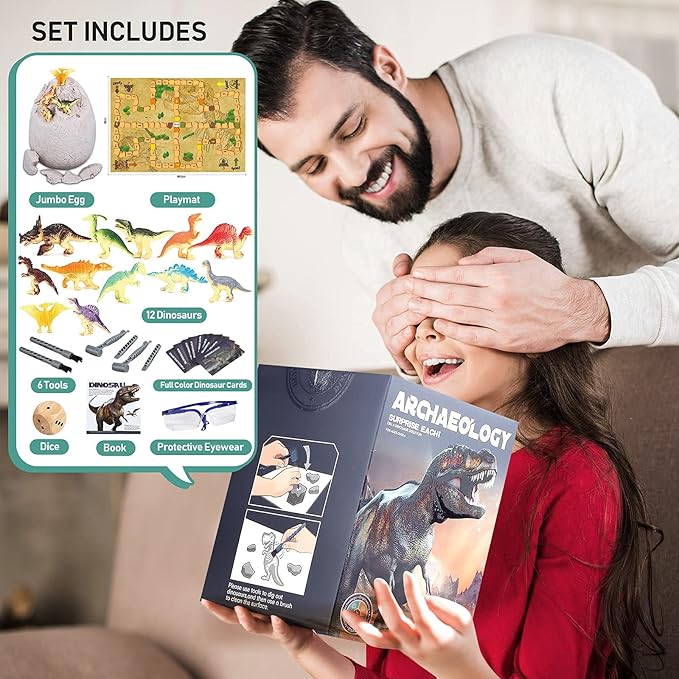 Jumbo Dino Egg Dig Kit, Dinosaur Toys for Kids 5-7 8-12 with 12 Dinosaurs, Dinosaur Toys for 5 6 7 8 Year Old Boy Birthday Gift, Dinosaur Eggs Excavation Gifts for 5 6 7 Year Old Boy Girl