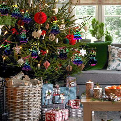 96Pcs Christmas Tree Snowman Scratch Paper Rainbow Color Scratch Ornaments Christmas Decorations Hanging Craft Art Kits with Wooden Stick and Ribbon for Kids Christmas Winter Party Favors
