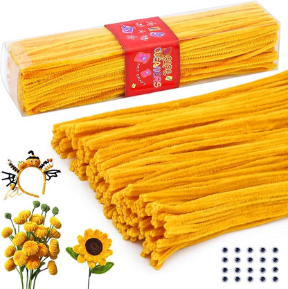 LOKUNN Pipe Cleaners, 200 Pcs Yellow Pipe Cleaners Craft Set, Solid Color Chenille Stems, DIY Arts and Crafts with Adhesive Eyes and Storage Box, Christmas Mother's Day Decoration Art Supplies