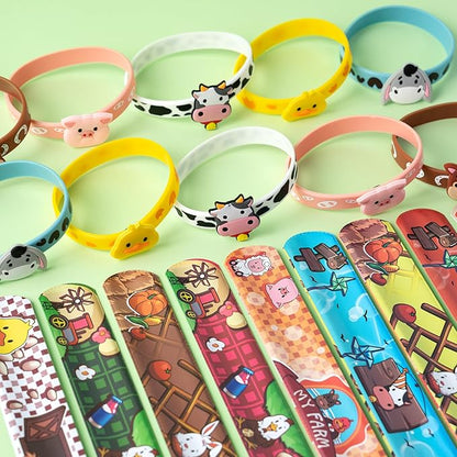 30 PCS Farm Animal Party Favors 10 Silicone Wristbands 20 Slap Bracelets Themed Birthdays Party Supplies Decorations Decor Cow Barn Animals Sheep Pig Horse Tractor Pattern Girls Boys Gifts