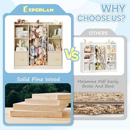 EXPERLAM Toy Storage Organizer with Stuffed Animal Storage, Wooden Toy Organizer & Stuffed Animal Zoo, 6 Cubes Shelf with Removable Drawers, 4 -in-1 Book Shelf for Kids Room, Playroom, Nursery