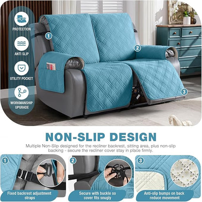 TAOCOCO 100% Waterproof Loveseat Recliner Cover, Non Slip Split Recliner Couch Cover with Elastic Straps, Washable Reclining Sofa Cover Furniture Protector for Kids, Pets(2 Seater, Sky Blue)