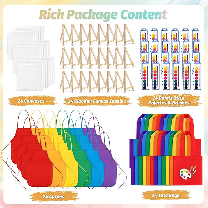 Aodaer 96 Pieces Valentine's Day Gift Mini Watercolor Paint Set Include 24 Set Colors Watercolor Paints Strip Palette Wooden Canvas Easels Canvas Tote Bags Aprons for Art Beginner Painting Supplies