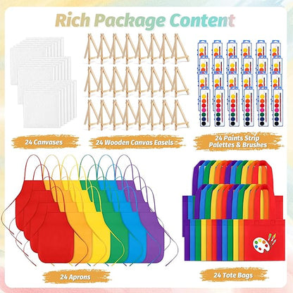 Aodaer 96 Pieces Valentine's Day Gift Mini Watercolor Paint Set Include 24 Set Colors Watercolor Paints Strip Palette Wooden Canvas Easels Canvas Tote Bags Aprons for Art Beginner Painting Supplies