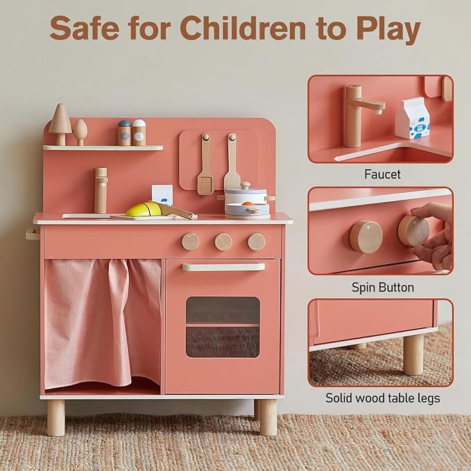 Giant bean Wooden Play Kitchen, Nordic Play Kitchen for Toddlers 1-3, with Cookware Accessories, Pretend Cooking Food Set for Toddlers Boys & Girls