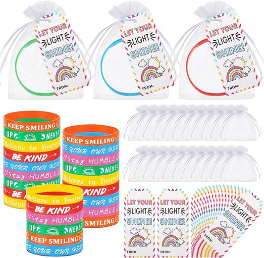 Liliful 72 Pcs Motivational Wristbands Gifts Set for Students, Back to School Gifts Colored Inspirational Silicone Bracelets with Inspirational Cards Organza Bags Classroom Goodie Bag Fillers