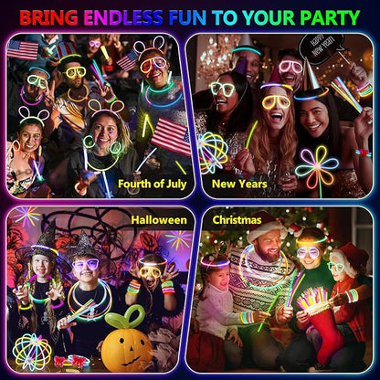 BUDI 467Pcs Glow Sticks Party Favors for Kids Adults 200 GlowStick Bulk 8 Colors 8 Inch & 267 Connectors for Glow in the dark Necklace Bracelets Glasses Party Supplies Light Up Toys Neon Accessories