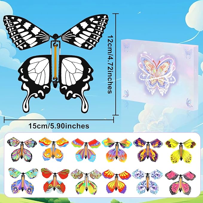 SANYIYIBA 12 Pcs Flying Butterfly Toy Magic White Painting Butterflies Wind Up Butterflies Toys Painted Craft Card Set Gift for Kids on Birthday Wedding Party