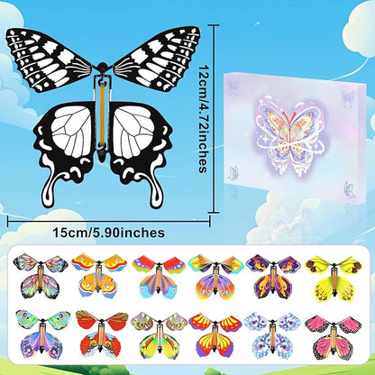 SANYIYIBA 12 Pcs Flying Butterfly Toy Magic White Painting Butterflies Wind Up Butterflies Toys Painted Craft Card Set Gift for Kids on Birthday Wedding Party
