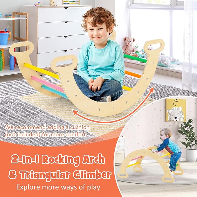 GLACER 5-in-1 Triangular Set of 3, Baby Climbing Toys w/Triangular Climber Arch Ramp Rocker, Indoor Outdoor Playground Wood Climbing Set, Early-Learning Montessori Toys (Colorful)