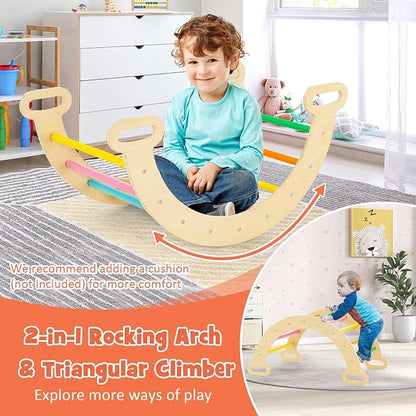 GLACER 5-in-1 Triangular Set of 3, Baby Climbing Toys w/Triangular Climber Arch Ramp Rocker, Indoor Outdoor Playground Wood Climbing Set, Early-Learning Montessori Toys (Colorful)