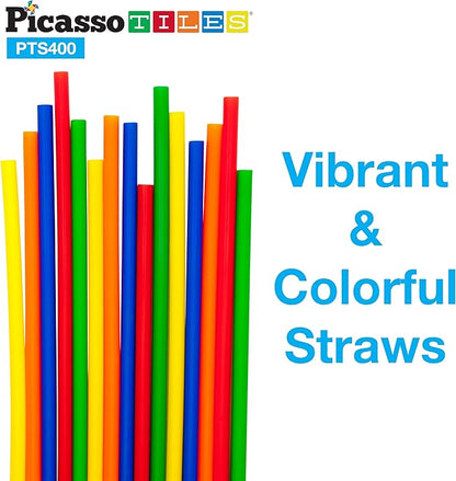 PicassoTiles 400pc Construction Toy Straw Building Set Children STEM Learning Interlocking Building Toys Creative Straw Connecting Builder Kits Early Education Kit for Kids Boys & Girls Ages 3+ PTS400