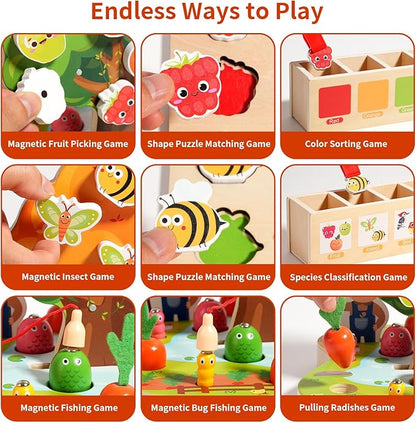 INIFEIDALA Montessori Wooden Preschool Educational Toy Ages 3-5 - Apple Picking Magnetic Fruit Tree, Shape Color Sorter, Carrot Harvest & Fishing Game - Fine Motor Skills Development