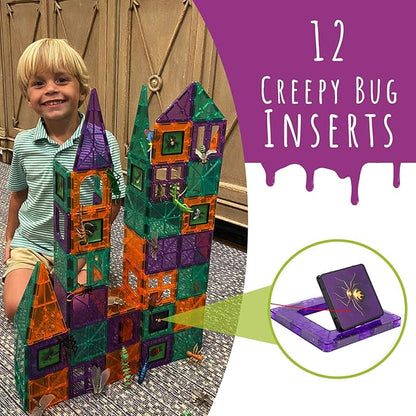 Creepy Archi Tiles - Magnetic Tiles for Kids - Colorful Construction Building Blocks with Bugs, Storage Bag, Stickers, Tweezers - Creative Educational Toys for Toddlers - 100pc Set