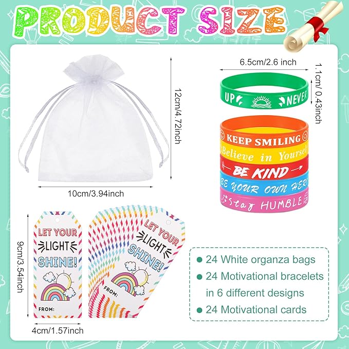 Liliful 72 Pcs Motivational Wristbands Gifts Set for Students, Back to School Gifts Colored Inspirational Silicone Bracelets with Inspirational Cards Organza Bags Classroom Goodie Bag Fillers