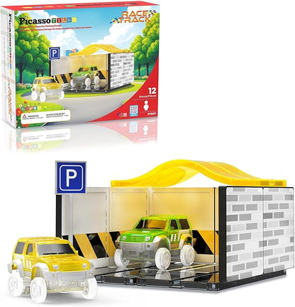PicassoTiles Magnetic Tiles Race Car Track Kit Parking Garage Expansion Pack with 2 Cars Magnet Tile Building Blocks Educational Toy Learning Kit Pretend Play Construction Set Kids Child Ages 3+ PTR07