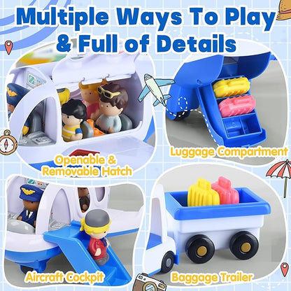 PLAY Airplane Toy for Kids - Toddler Airplane Toys Travel Plane Toys for Kids 2+ Years Old with Small Figures & Baggage Carrier, Musical Toy Airplane with Lights for Boys Girls Gifts Birthday (Blue)