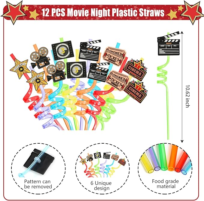 Movie Night Party Favors 72 PCS Movie Theater Slap Bracelets Temporary Tattoos DIY Stickers Keychains Plastic Straws Gift Bags for Kids Movie Night Carzy Birthday Party Gift Baby Shower Goodie Bag Fillers Movie Party Supplies