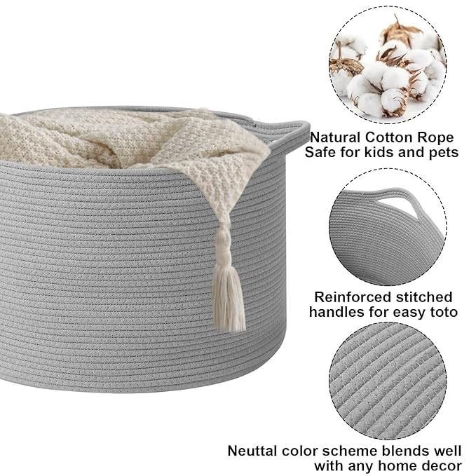 65L Large Blanket Basket,Cotton Rope Woven Storage Basket with Handles, Laundry Hamper for Toys, Clothes, Pillows & Towels, Perfect for Living Room, Nursery & Bedroom,Light Gry
