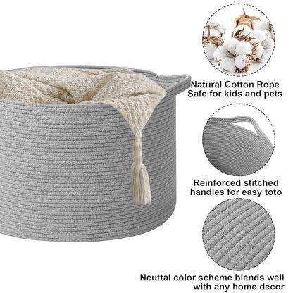 90L Extra Large Blanket Basket,Rope Woven Storage Basket with Handles, Laundry Hamper for Toys, Clothes, Pillows & Towels, Perfect for Living Room, Nursery & Bedroom,Light Grey