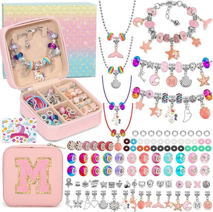 LifeisLuck Charm with Bracelet Making Kit, Jewelry Making Kit for Girls DIY Bead Necklace Kit with A to Z Bracelet Box Unicorns Crafts Arts Girls Toys Age 8-12 Birthday Gifts for Kids - M